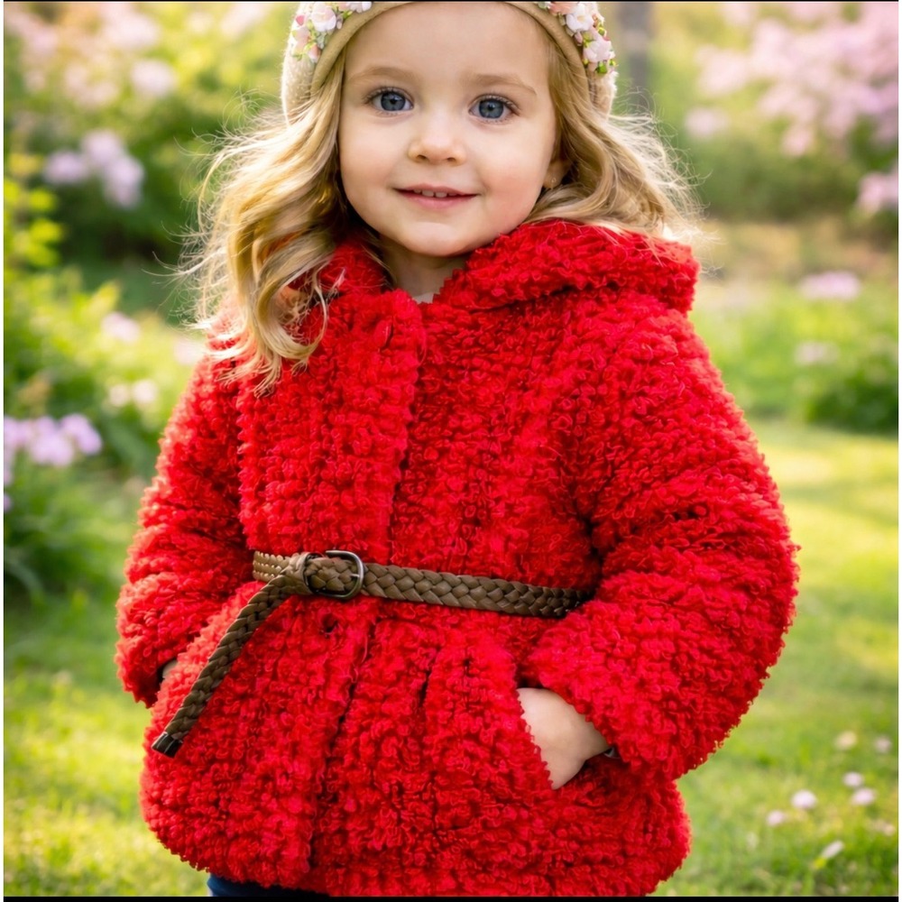 Richie House Kids Red Faux Shearling Sherpa Belted‎ Coat Jacket 24M NEW